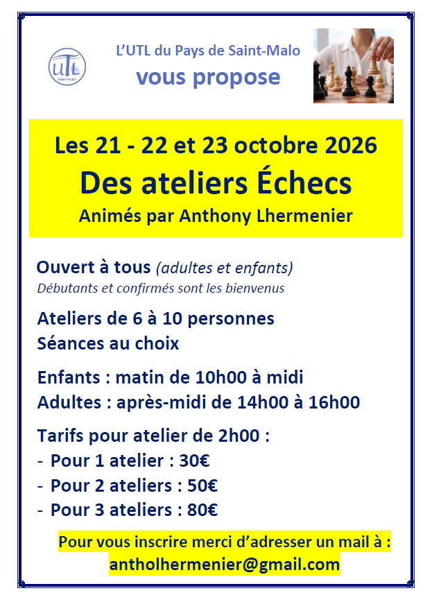 21 - 22 et 23 octobre 2026 - Ateliers Échecs